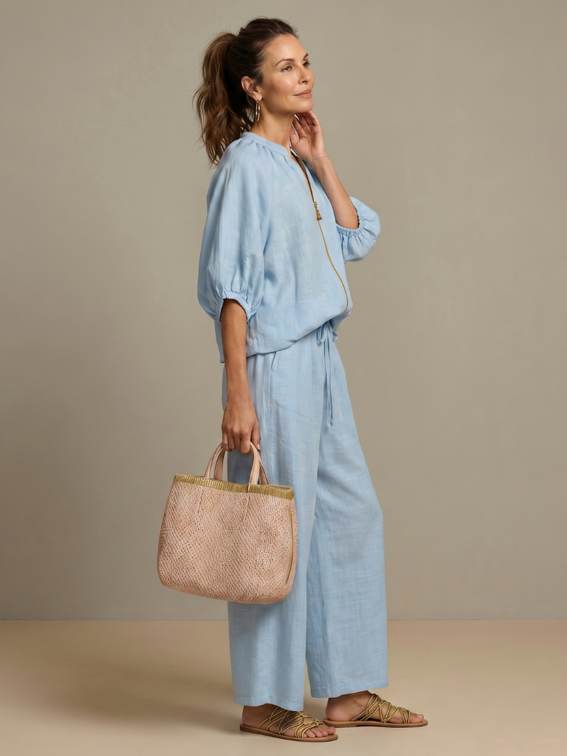 Two-piece set for women in a relaxed fit with puff sleeves and pants - J&B; - 2 - Elvaroza.com