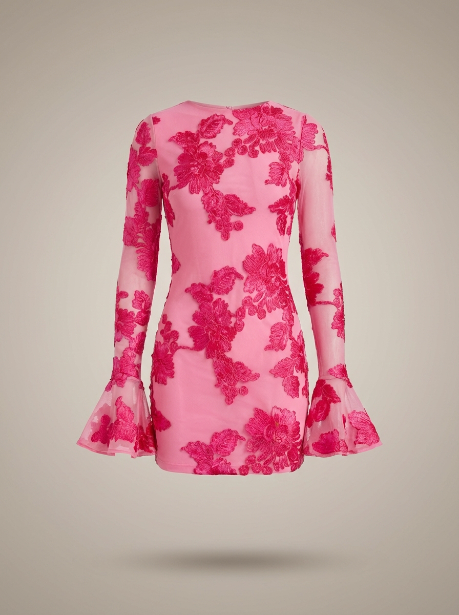 Mini Dress Women's Bell Sleeve Floral Embroidery - Image 4