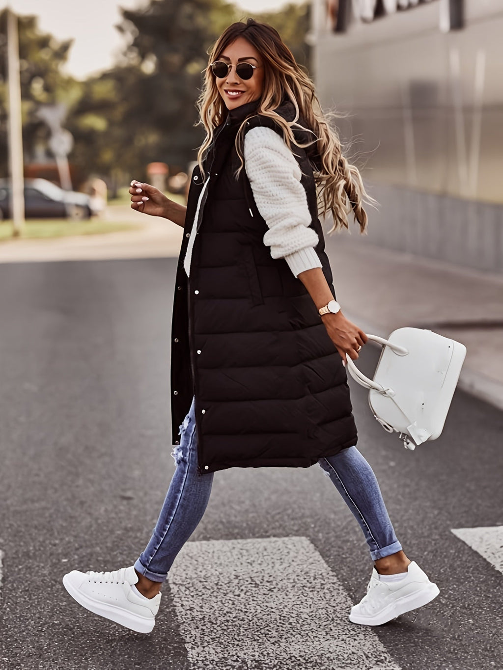 Longline Puffer Jacket Women's with Hood and Snap Closure - Image 9