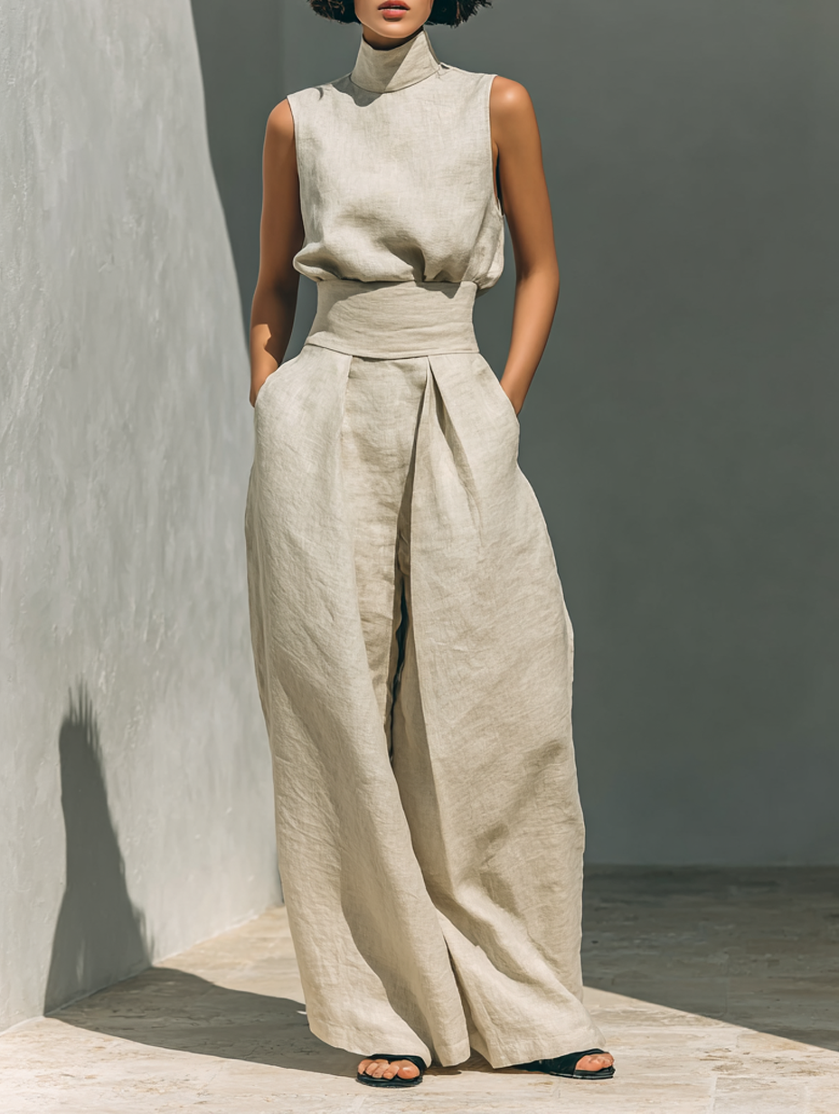 Wide Leg Jumpsuit Women's Fluid Linen Look with Waist Definition - Image 1