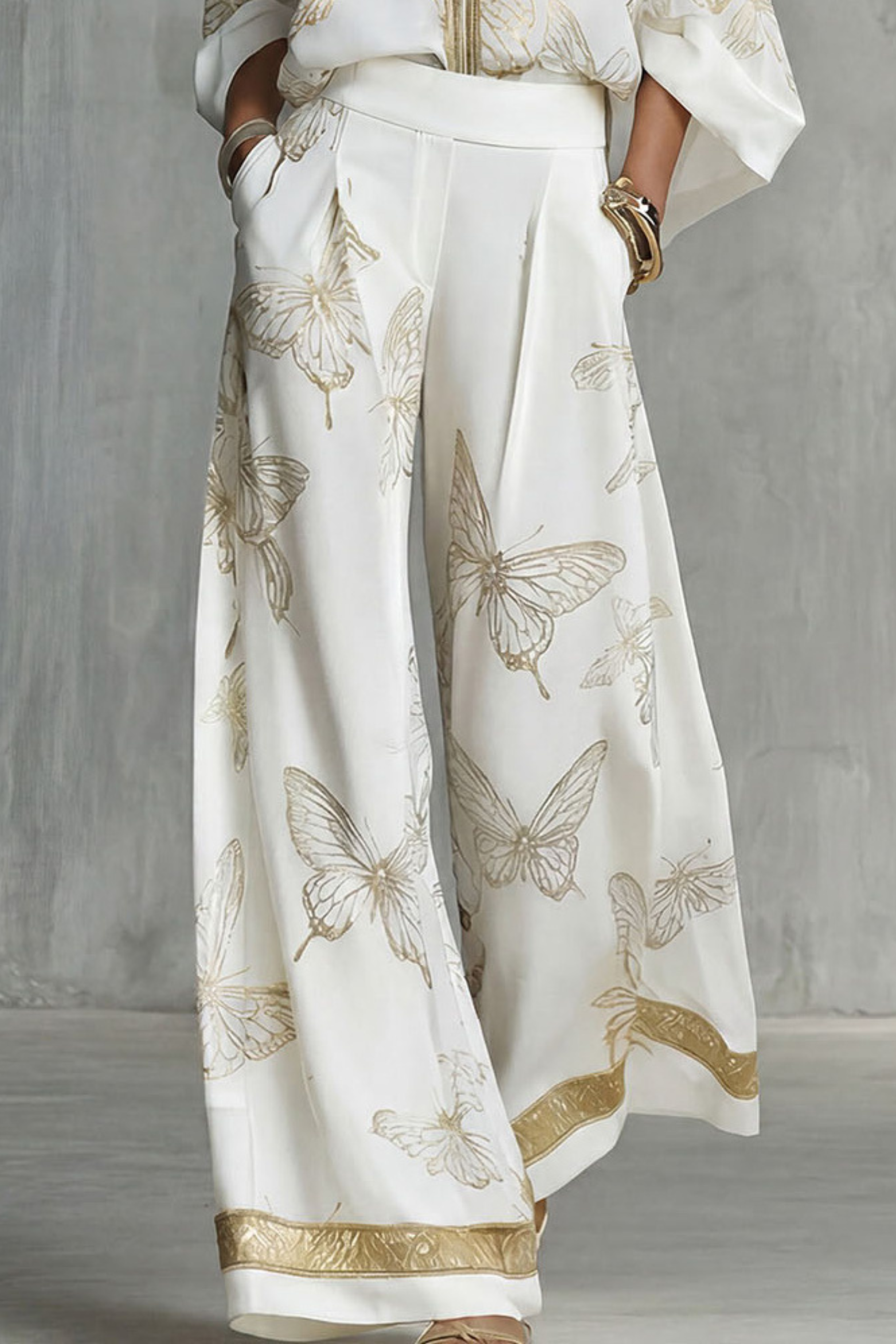 Two-Piece Set Women's Butterfly Print Blouse and Wide-Leg Pants with Gold Accents - Image 3