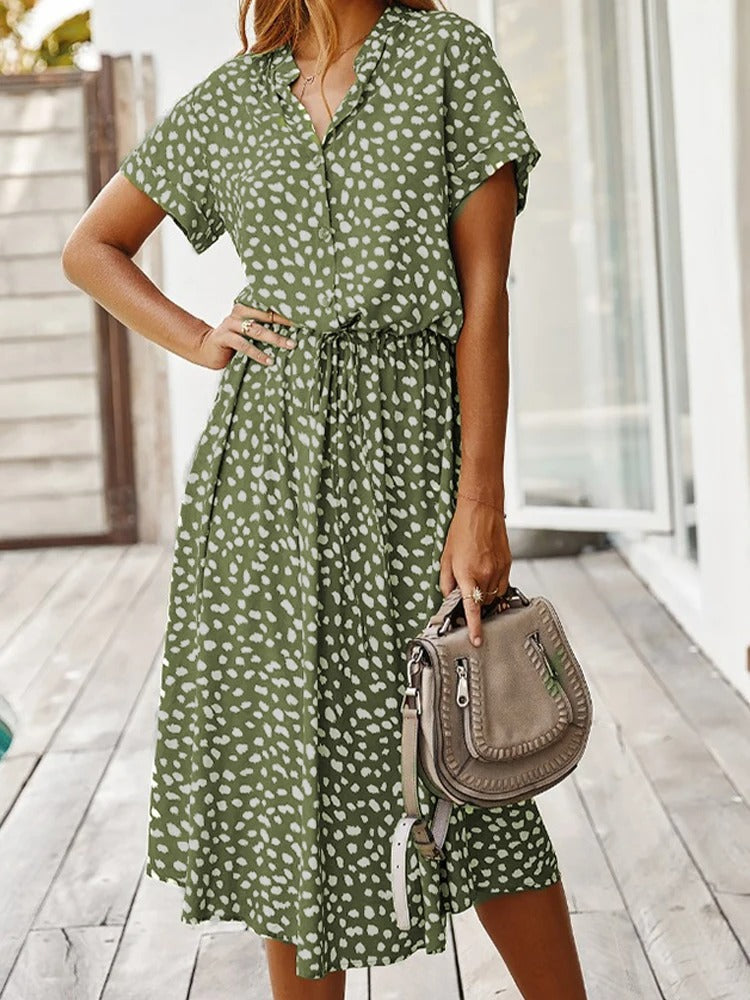 Midi Dress Women with Button Front and Flattering Drawstring Waist - Image 3