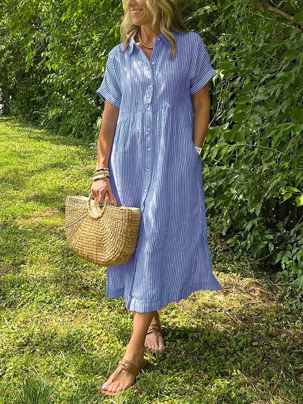 Mia – Women Striped Button-Up Midi Dress - Image 1