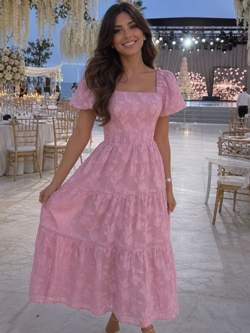 Women's midi dress with a square neckline, puff sleeves, and a floral pattern - J&B; - 4 - Elvaroza.com