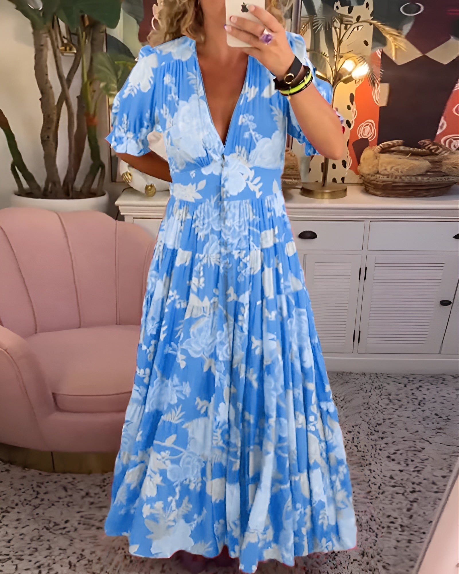 Christina – Women Floral Print V-Neck Pocket Dress - Image 2