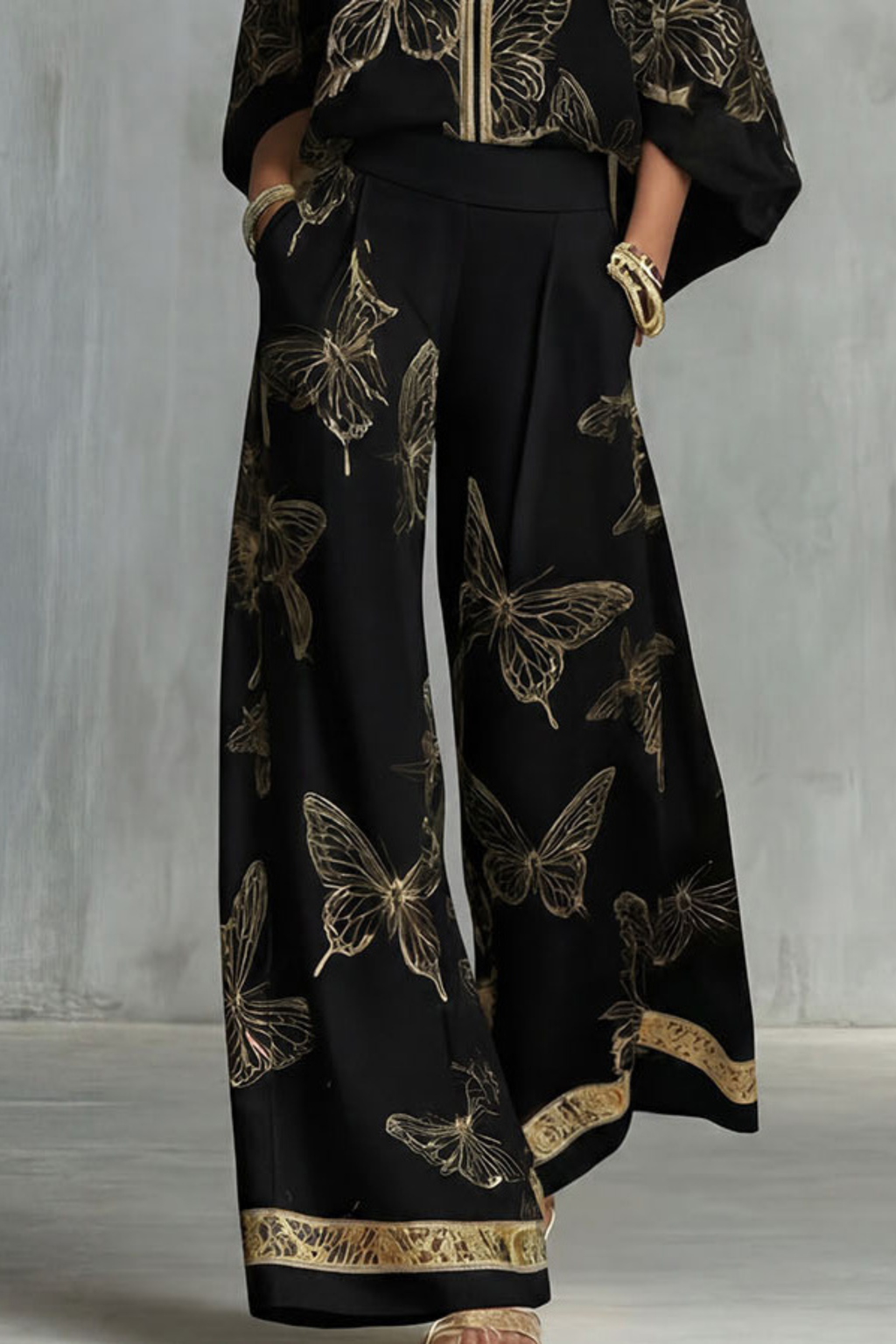 Two-Piece Set Women's Butterfly Print Blouse and Wide-Leg Pants with Gold Accents - Image 5