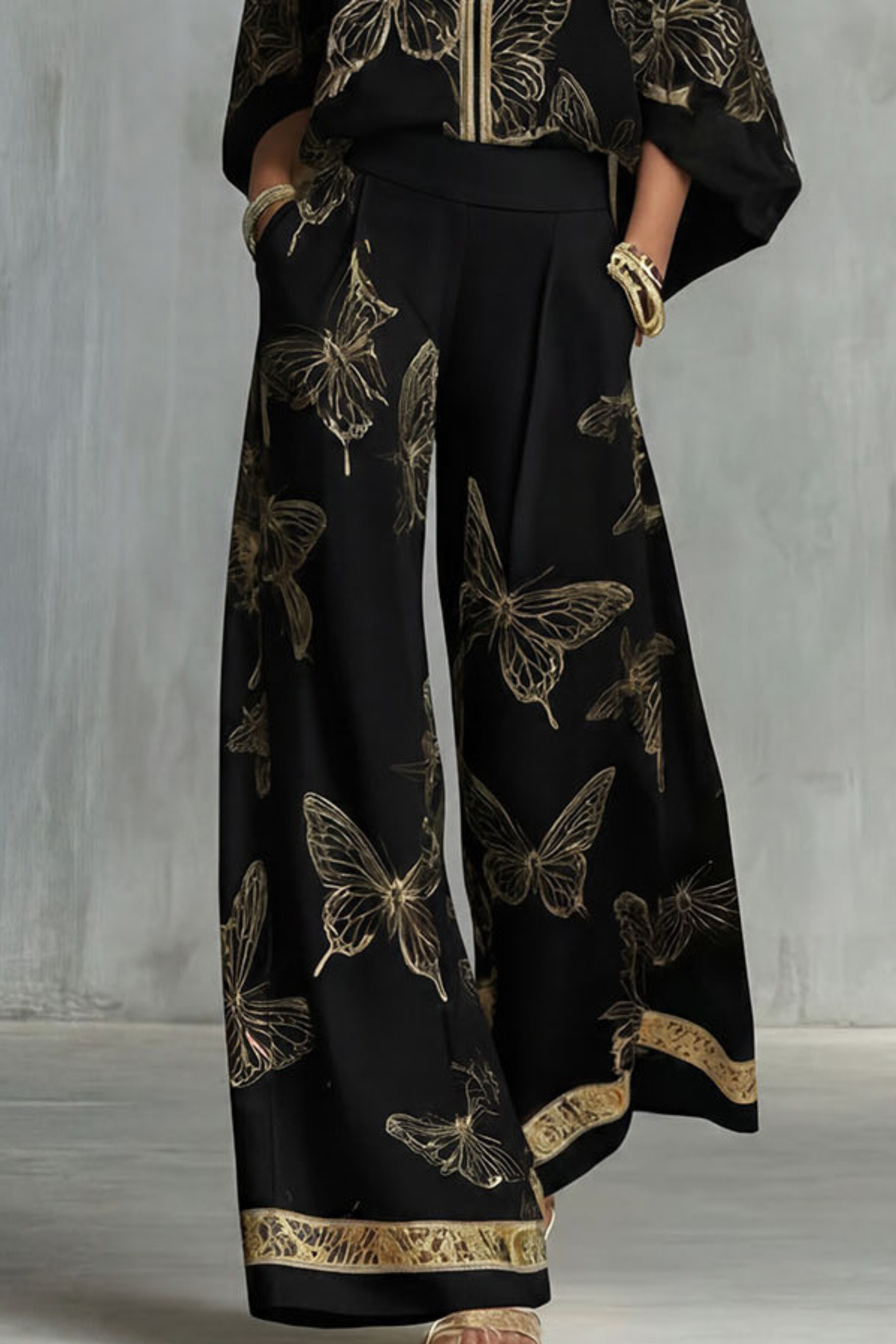 Two-Piece Set Women's Butterfly Print Blouse and Wide-Leg Pants with Gold Accents - Image 5