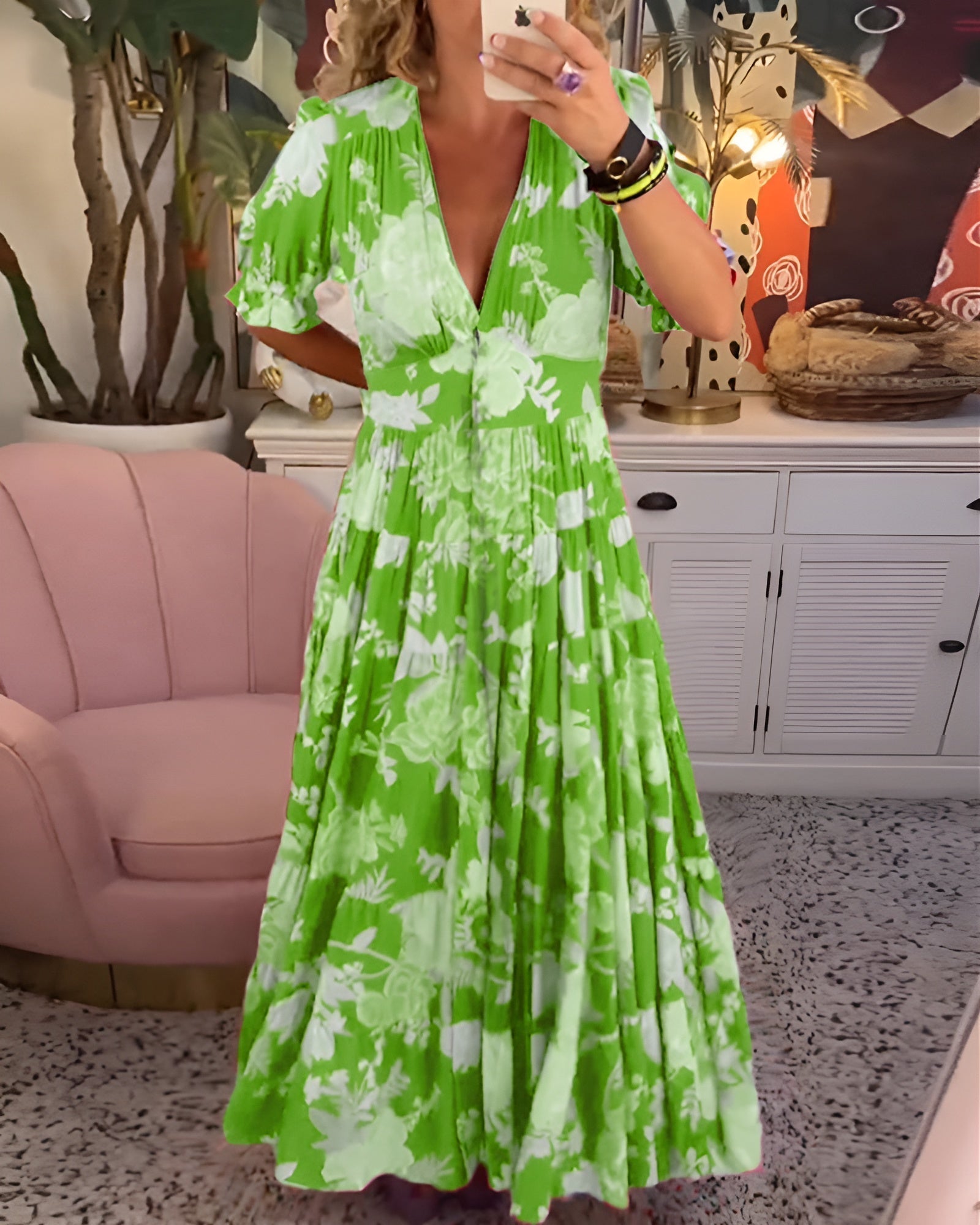 Christina – Women Floral Print V-Neck Pocket Dress - Image 3