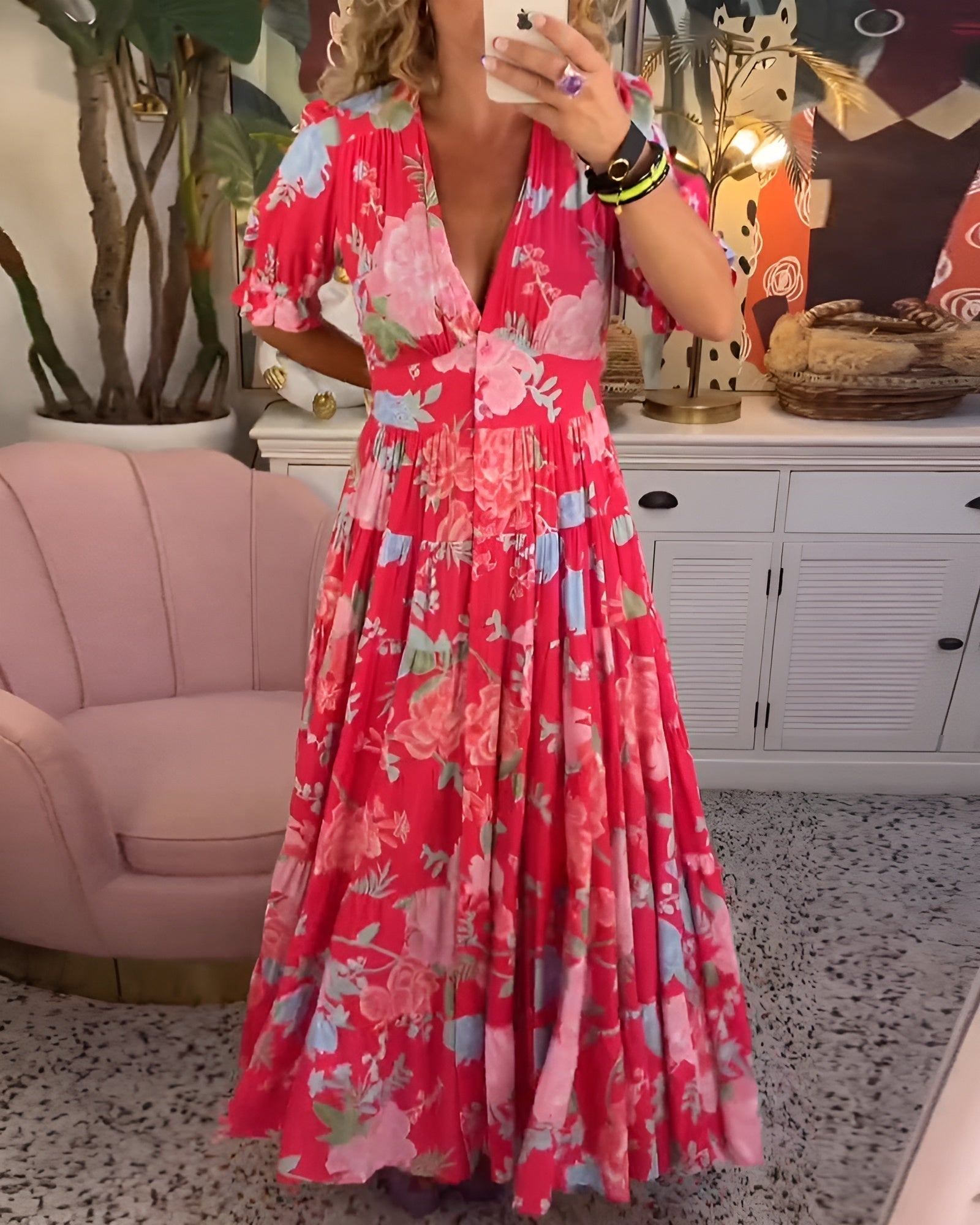 Christina – Women Floral Print V-Neck Pocket Dress - Image 5