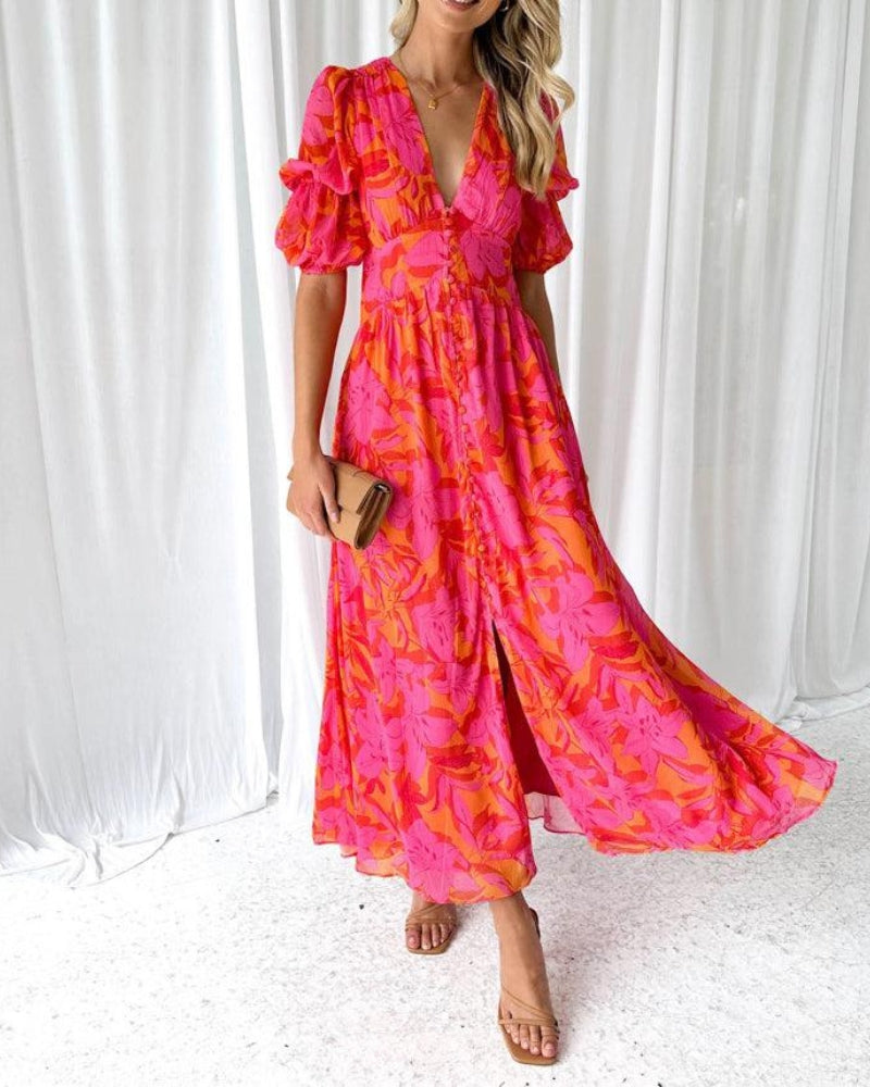 Franziska – Women V-Neck Puff Sleeve Dress - Image 1