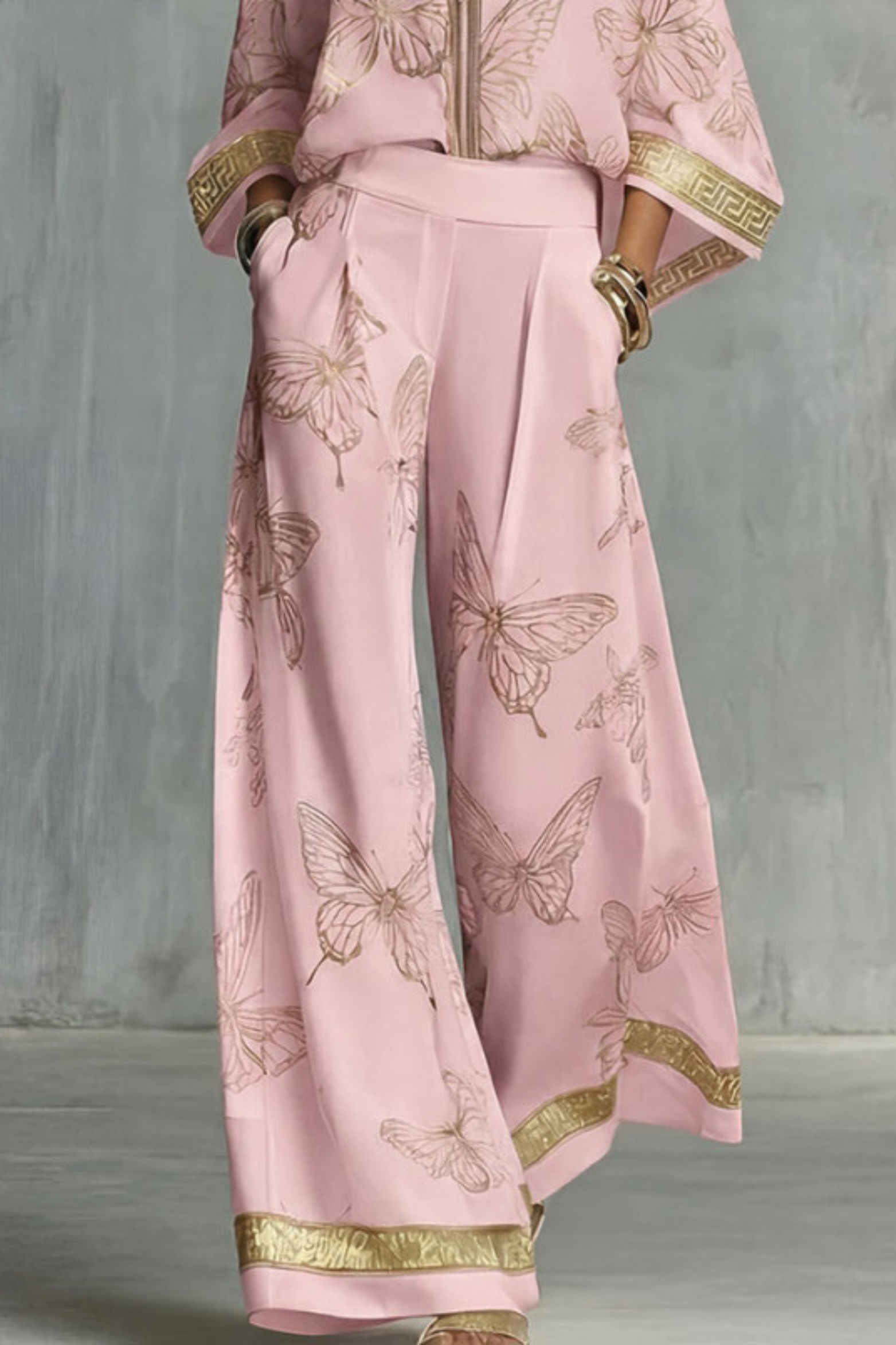 Two-Piece Set Women's Butterfly Print Blouse and Wide-Leg Pants with Gold Accents - Image 7