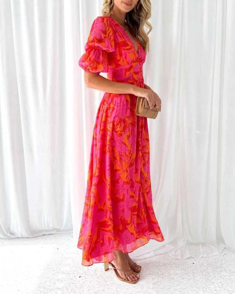 Franziska – Women V-Neck Puff Sleeve Dress - Image 2
