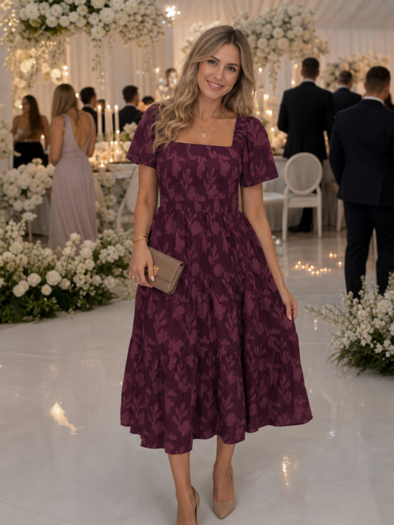 Women's midi dress with a square neckline, puff sleeves, and a floral pattern - J&B; - 8 - Elvaroza.com