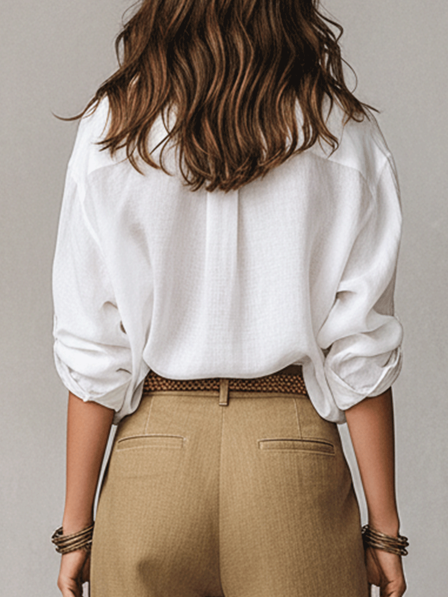 Button-Up Blouse Women's Relaxed Fit with Roll-Up Sleeves - Image 3