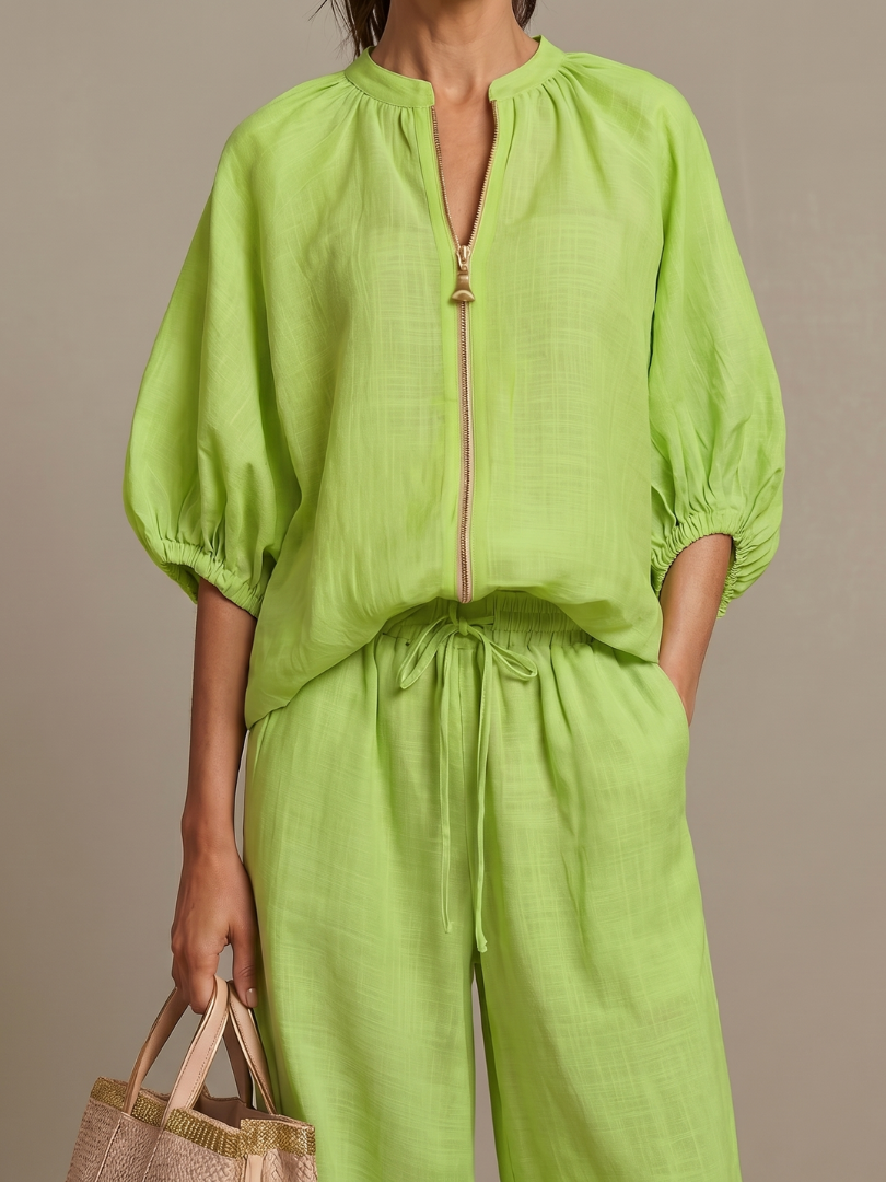 Two-piece set for women in a relaxed fit with puff sleeves and pants - J&B; - 9 - Elvaroza.com
