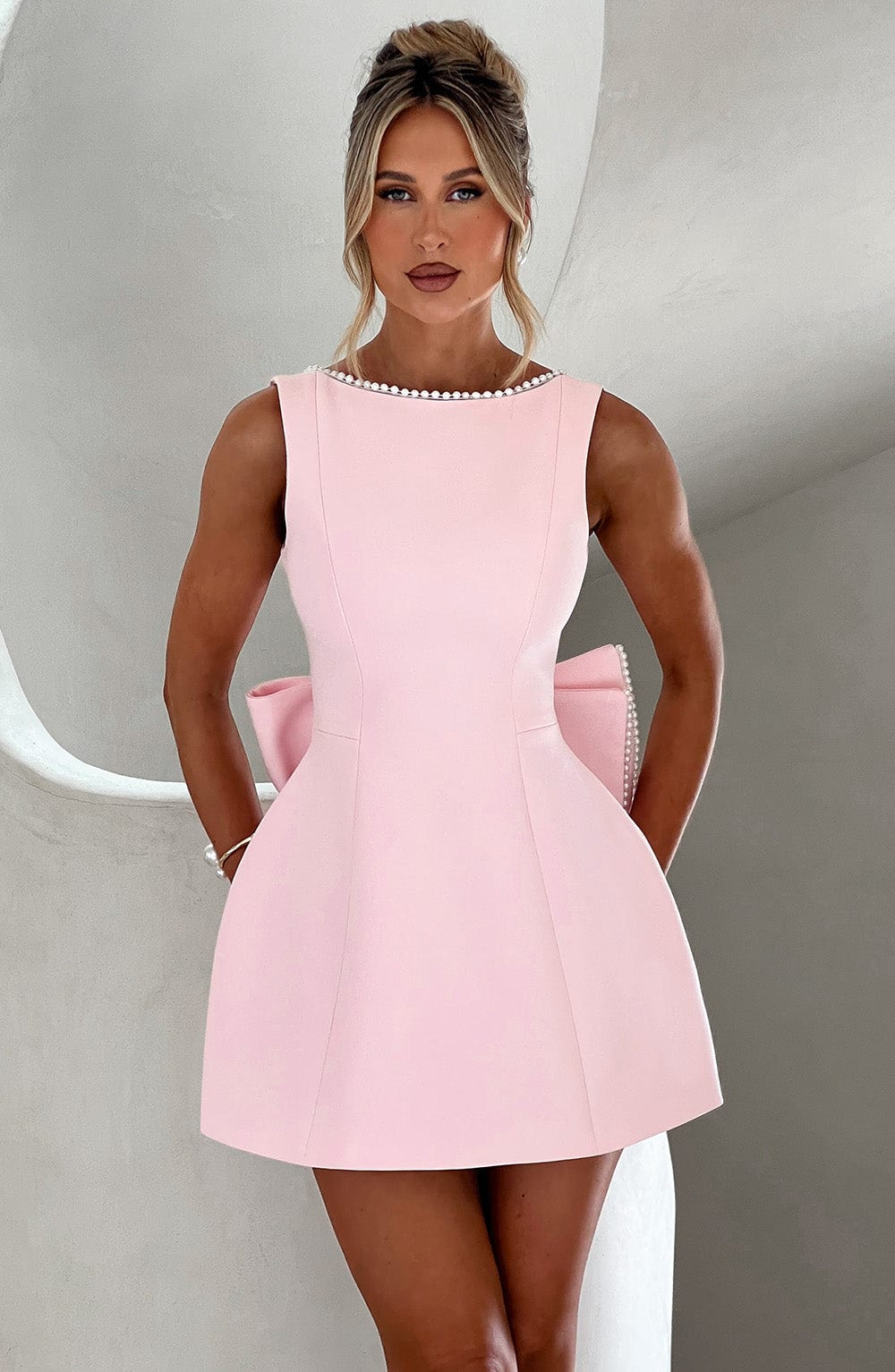 Mini Dress Women's Flattering Fit with Pearl Detail - Image 1
