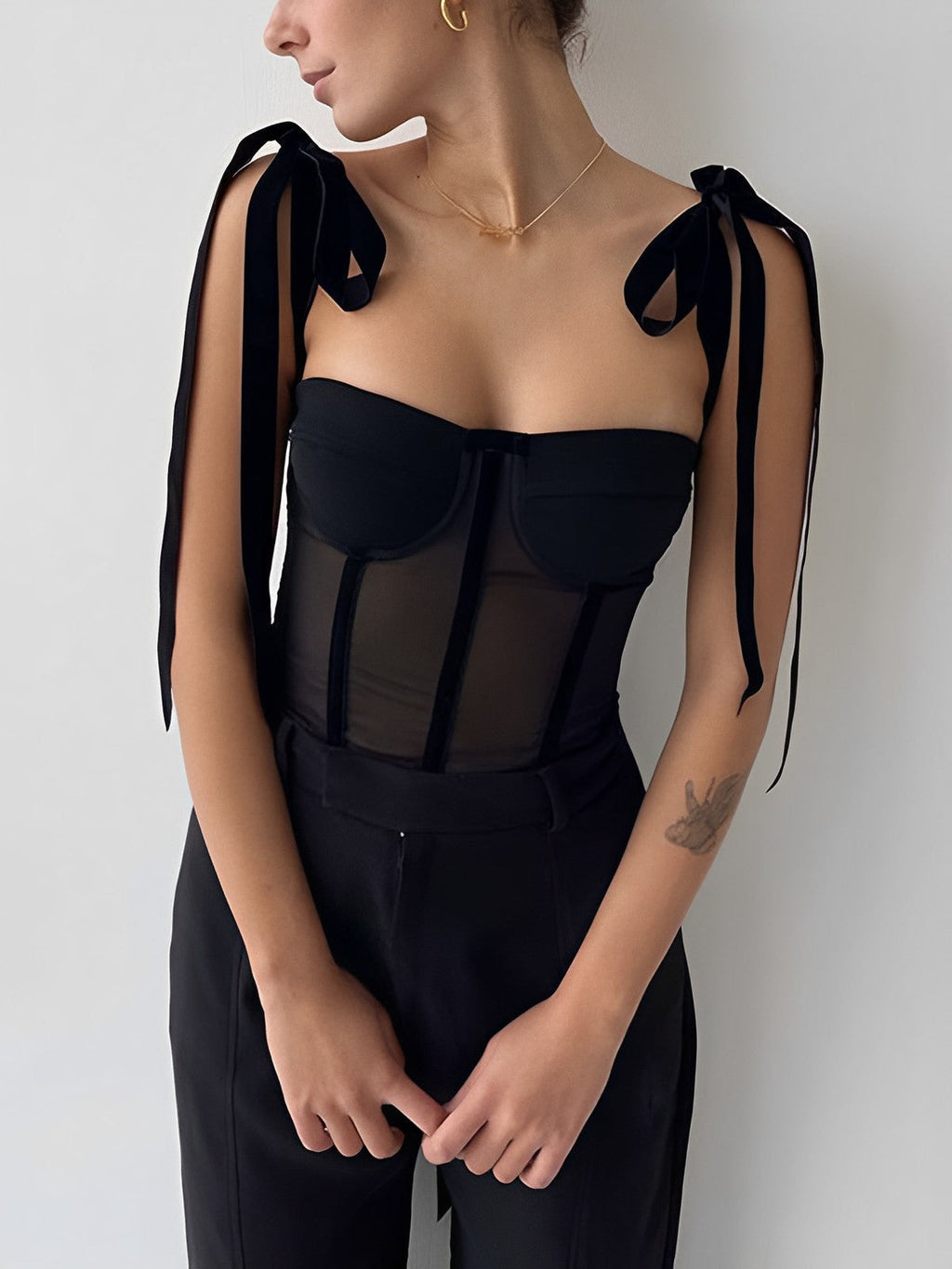 Clara – Semi-Sheer Tied Mesh Cami Blouse - Image 1