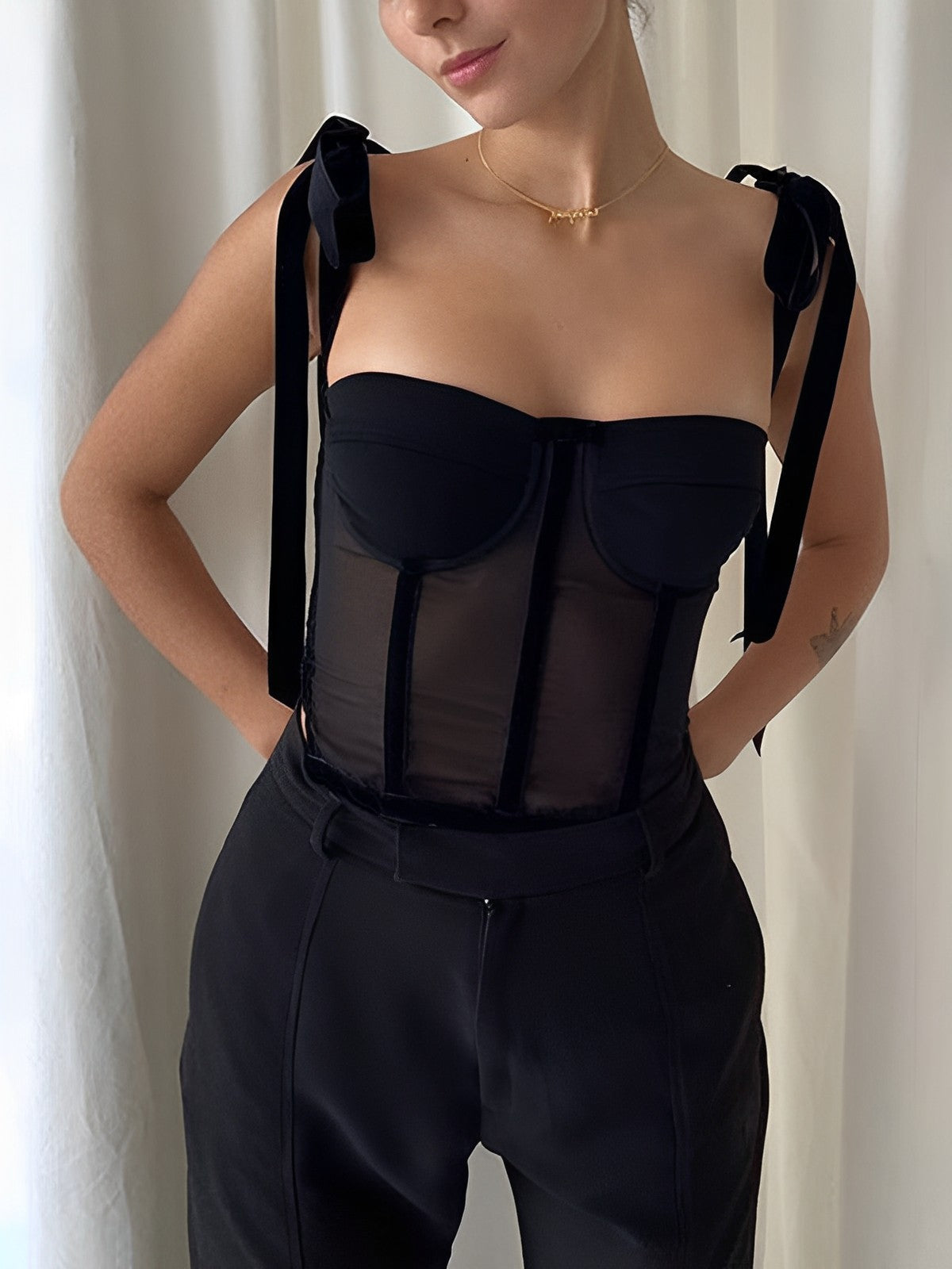 Clara – Semi-Sheer Tied Mesh Cami Blouse - Image 2