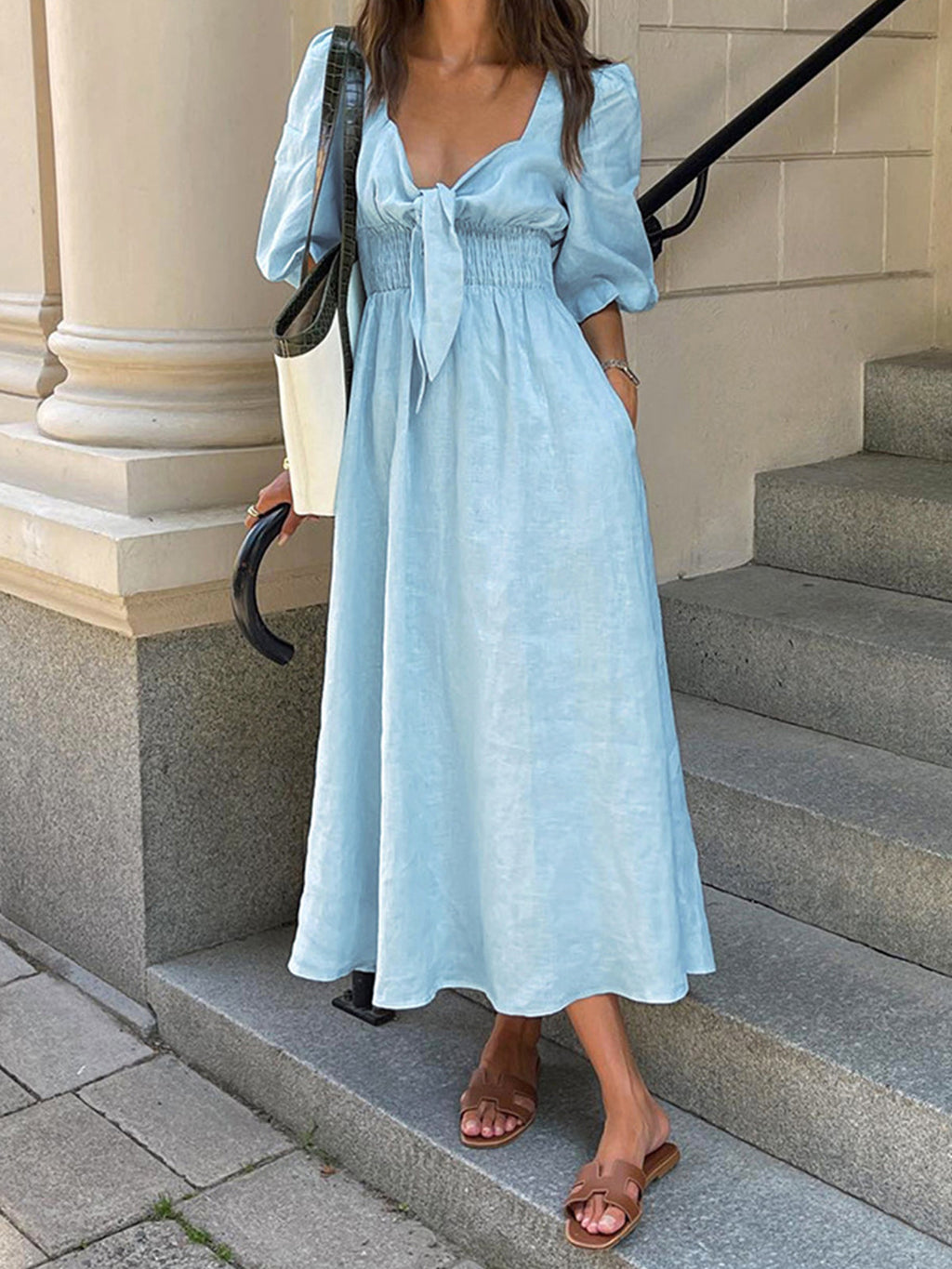 Mia – Midi-Kleid aus Leinen und Baumwolle mit Bindeband vorne - Image 2
