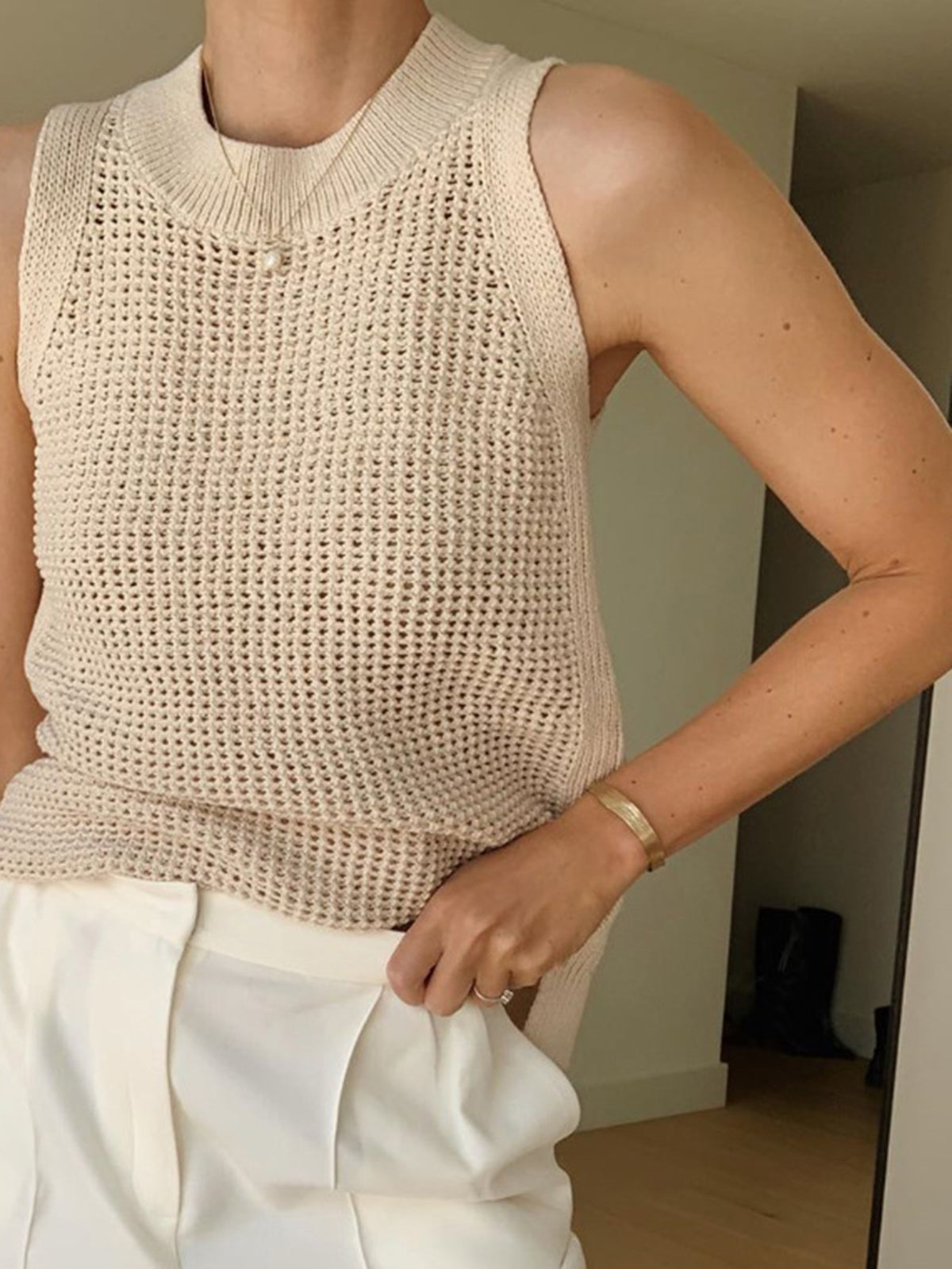 Laura – Knit Hollow Solid Tank Top - Image 2