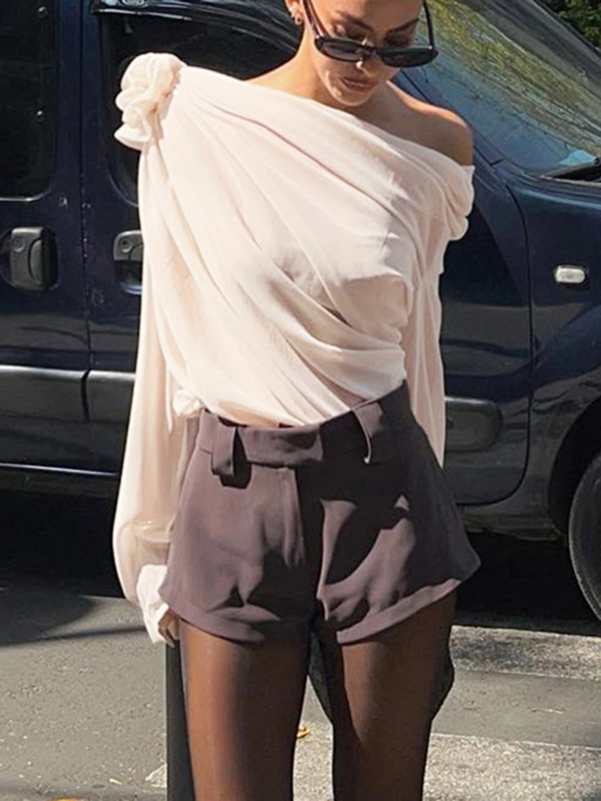 Lisa – Chiffon Semi-Sheer One Shoulder Blouse - Image 5