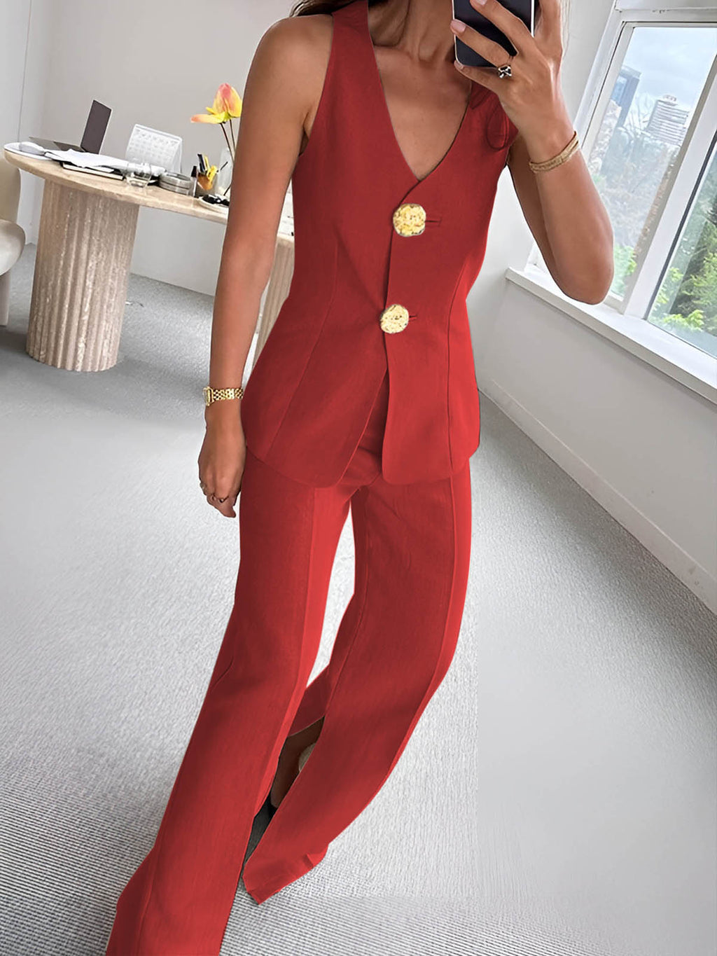 Irina – Button Split Sleeveless Pants Set - Image 7