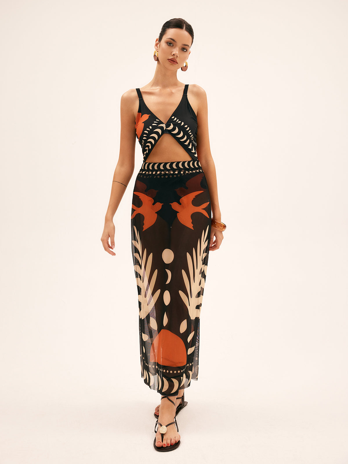Ella – Bird Print Mesh Cover Up Dress - Image 3