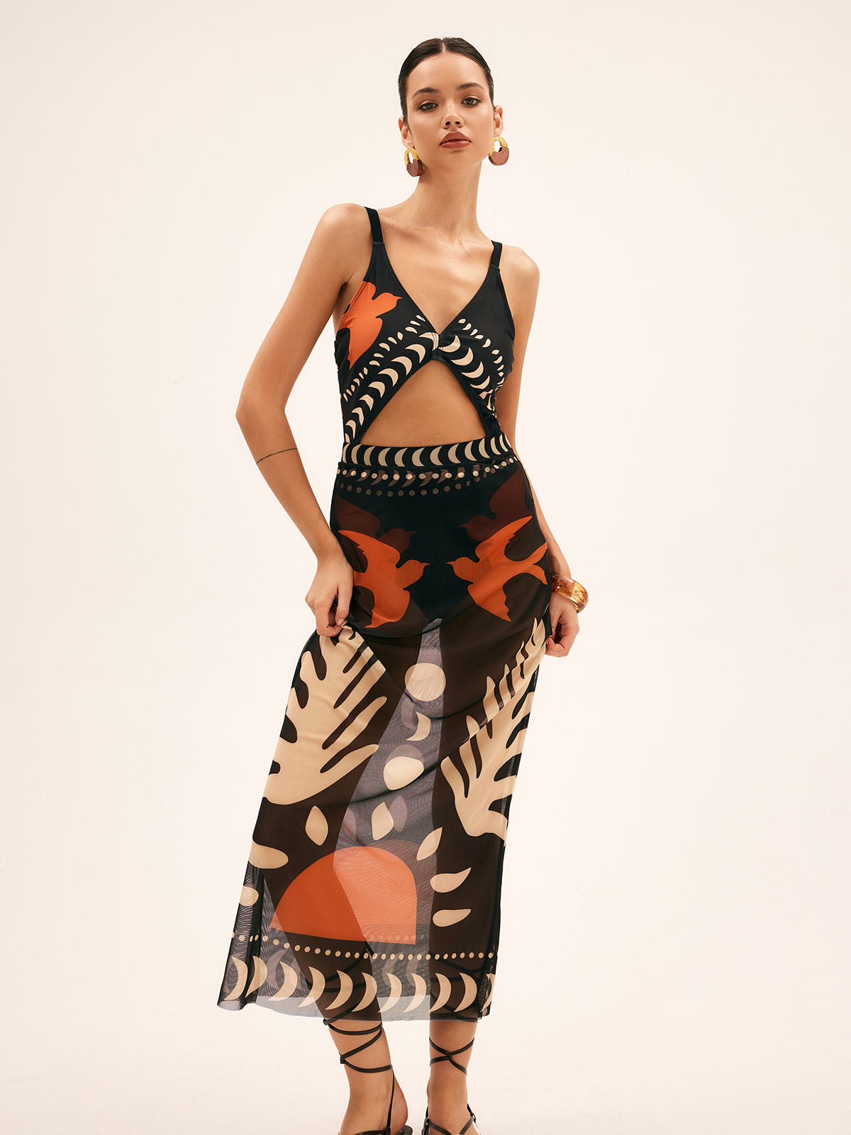 Ella – Bird Print Mesh Cover Up Dress - Image 1