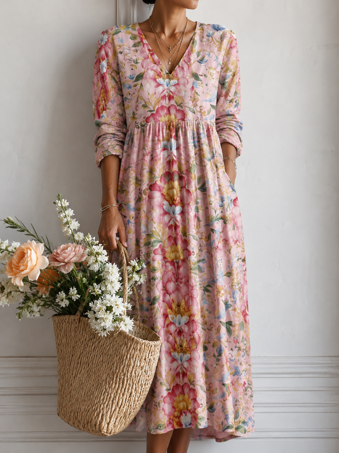 Brigitte – Dress with a floral print, V-neck, and long sleeves