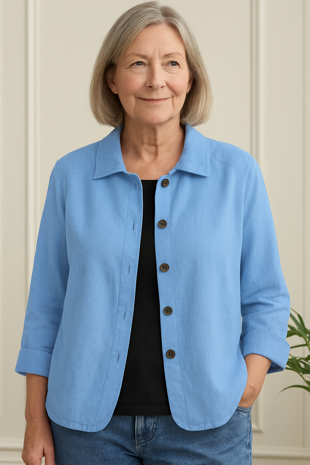 Button-Up Blouse Women's Relaxed Fit with Roll-Up Sleeves - Image 1