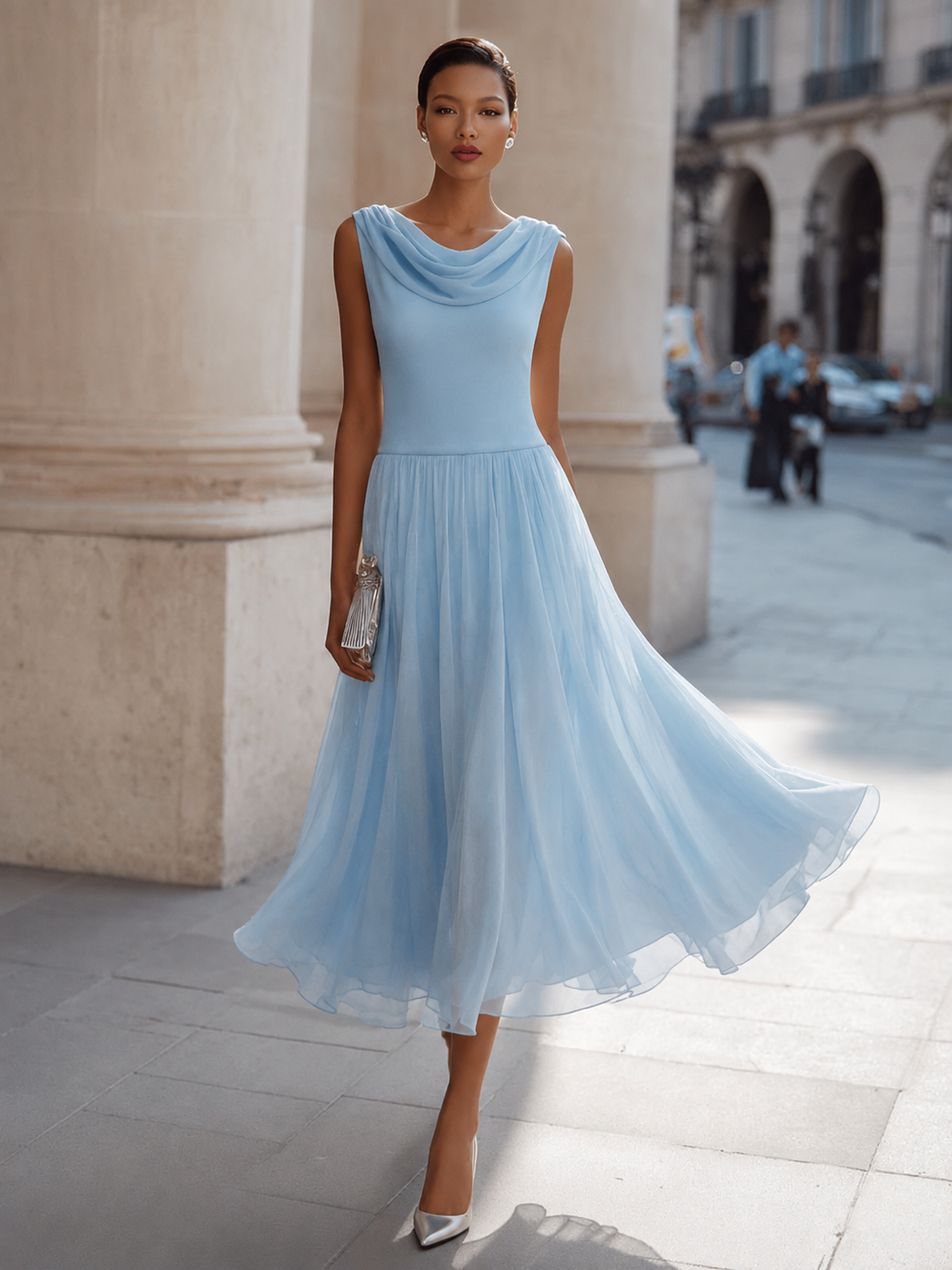 Midi Dress Women's Elegant Pleated Style with Cowl Neckline | E&R