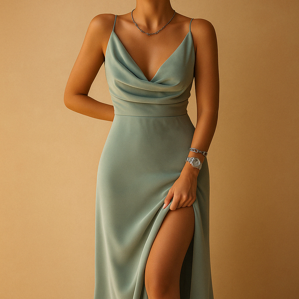 Elegant Women's Maxi Dress in Silky Draped Fabric with Flattering Slit - Image 1