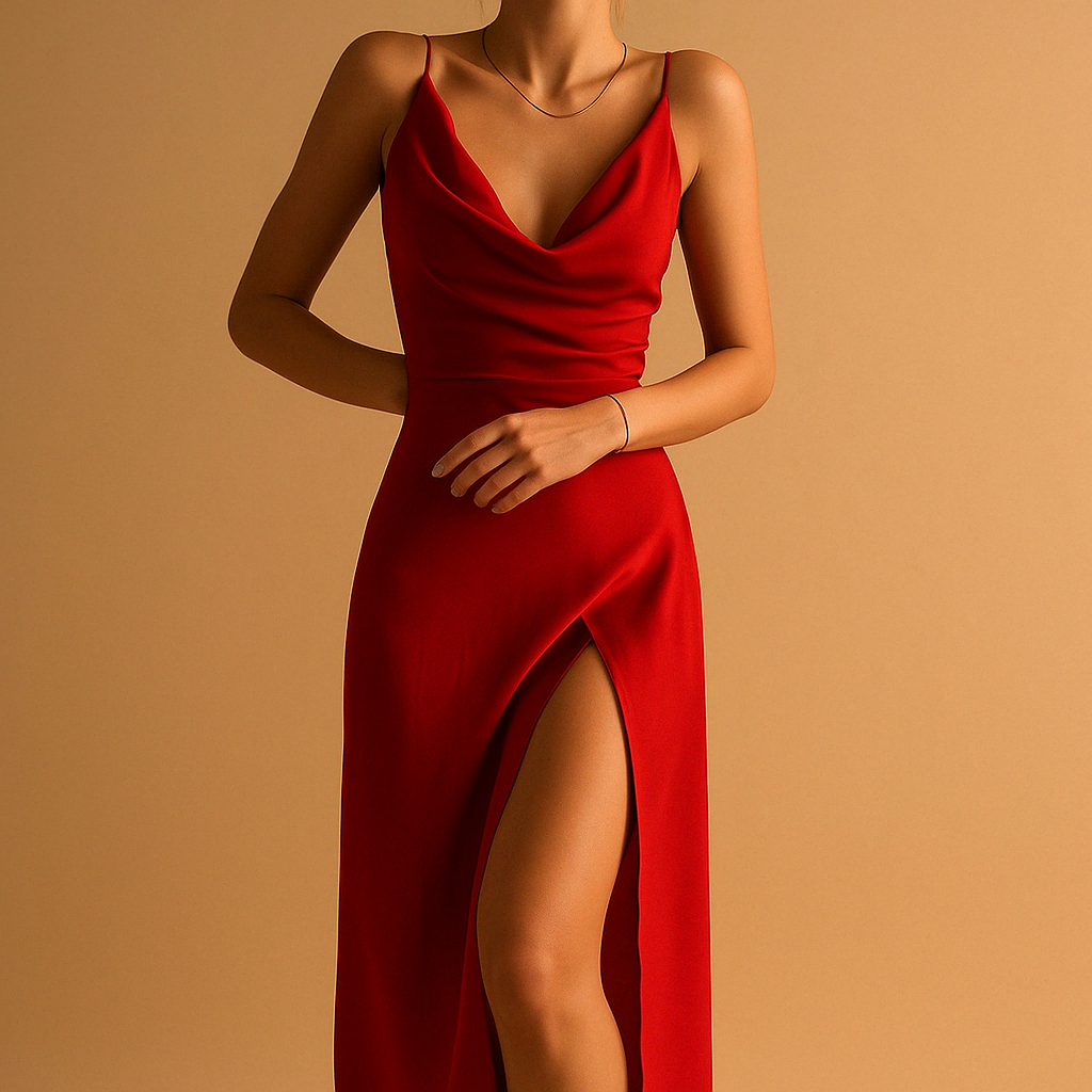 Elegant Women's Maxi Dress in Silky Draped Fabric with Flattering Slit - Image 3