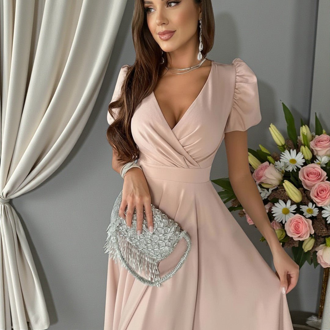 Midi Dress Women's Wrap Style with Puff Sleeves - Image 1