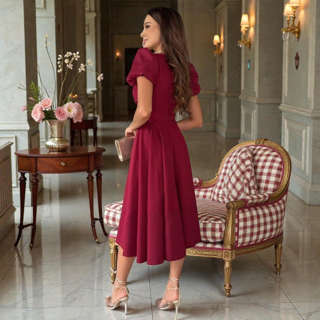 Midi Dress Women's Wrap Style with Puff Sleeves - Image 8