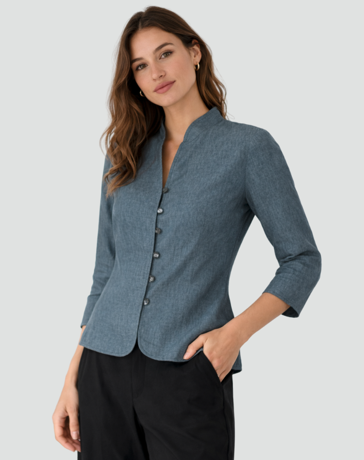 Button-Up Blouse Women's Tailored Fit with Mandarin Collar - Image 3