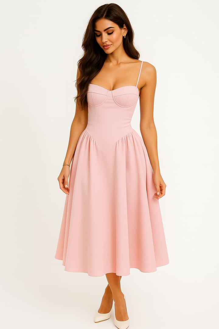 Midi Dress Women's Sweetheart Neckline with Flared Skirt - Image 1