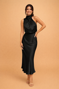 Halterneck Midi Dress Women's Silky Look with Flattering Drape - Image 1