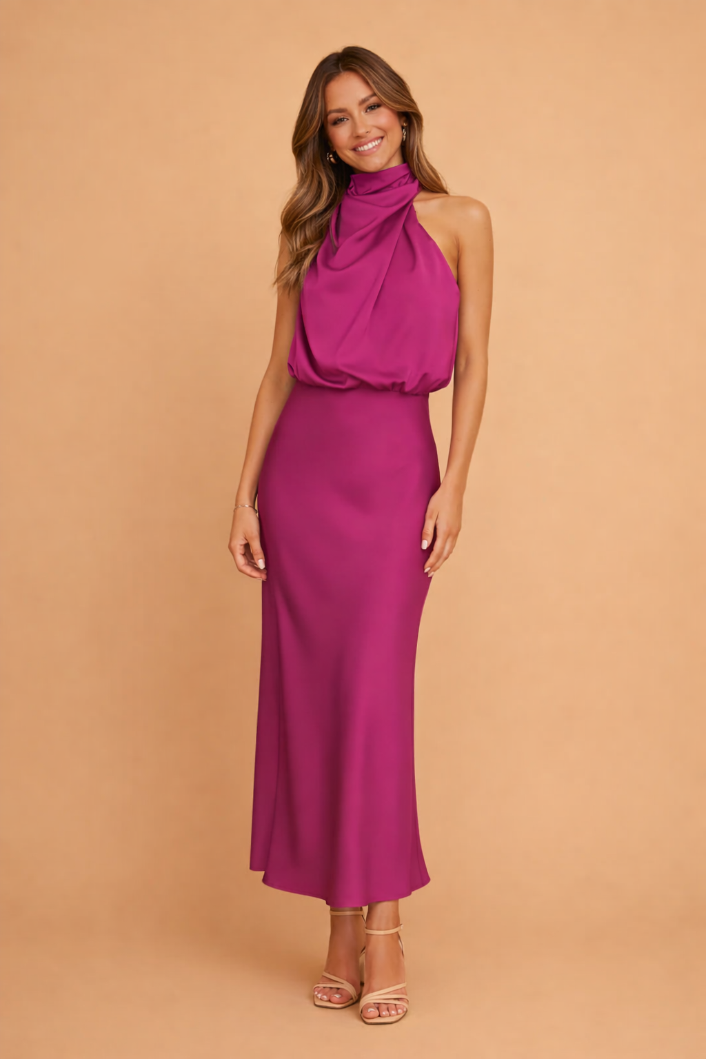 Halterneck Midi Dress Women's Silky Look with Flattering Drape - Image 4