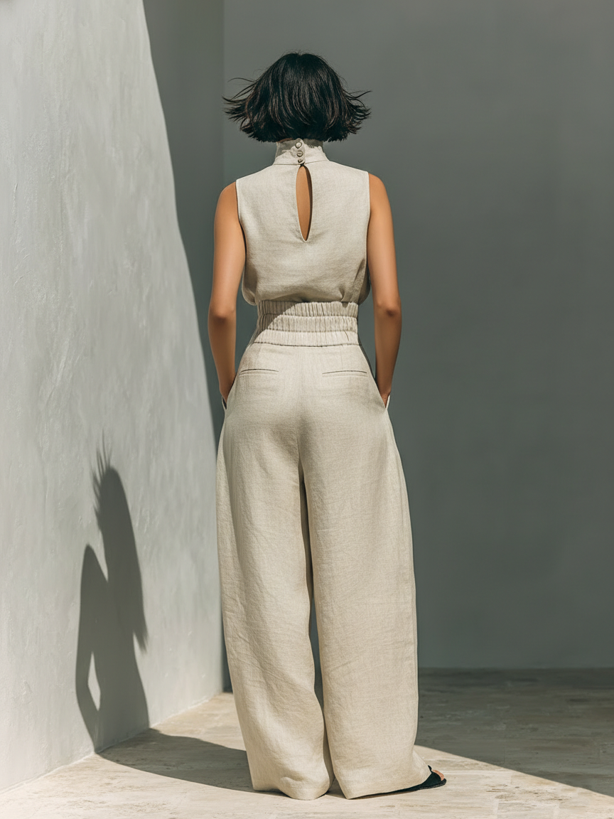 Wide Leg Jumpsuit Women's Fluid Linen Look with Waist Definition - Image 2
