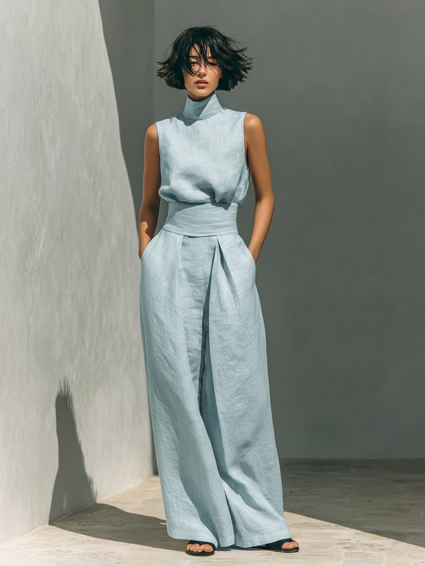 Wide Leg Jumpsuit Women's Fluid Linen Look with Waist Definition - Image 4