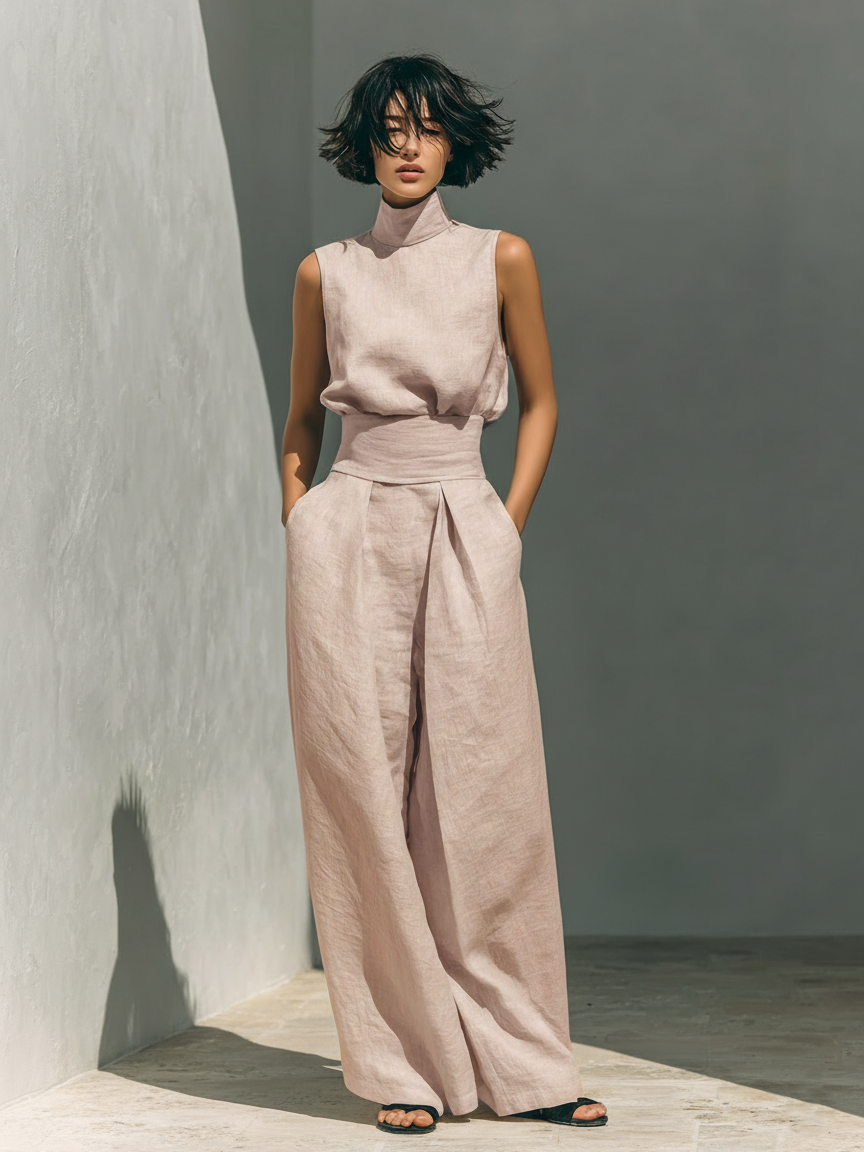 Wide Leg Jumpsuit Women's Fluid Linen Look with Waist Definition - Image 5