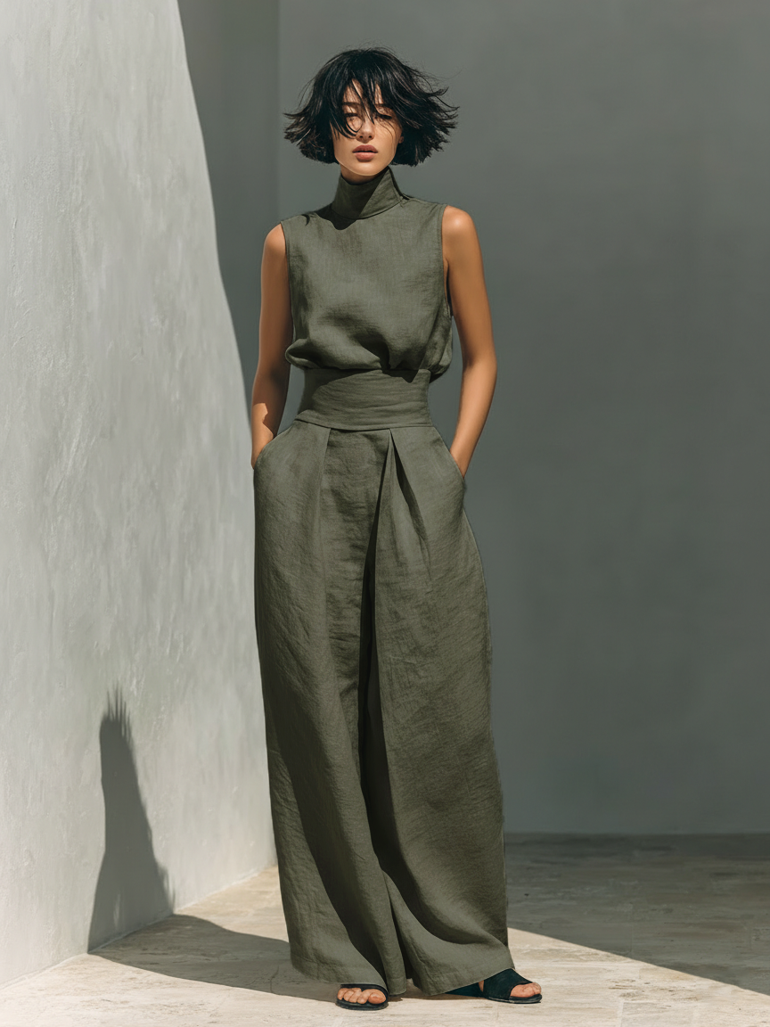 Wide Leg Jumpsuit Women's Fluid Linen Look with Waist Definition - Image 3
