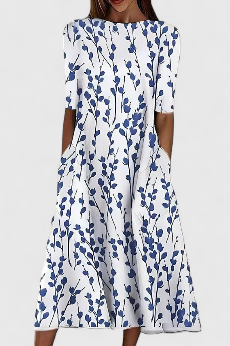 Florence – Floral Round-Neck Pocket Dress - Image 1