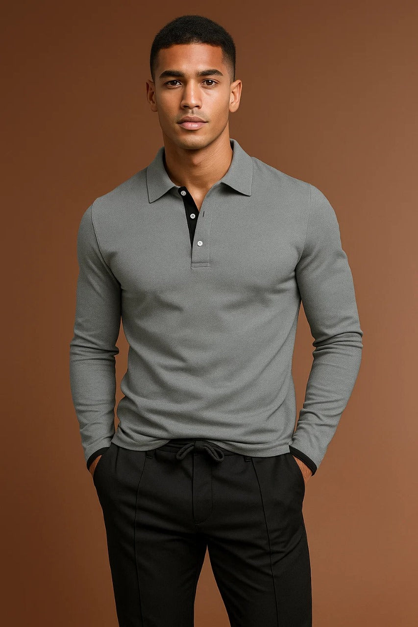 Men's long-sleeved polo shirt with a striking collar - J&B; - 1 - Elvaroza.com