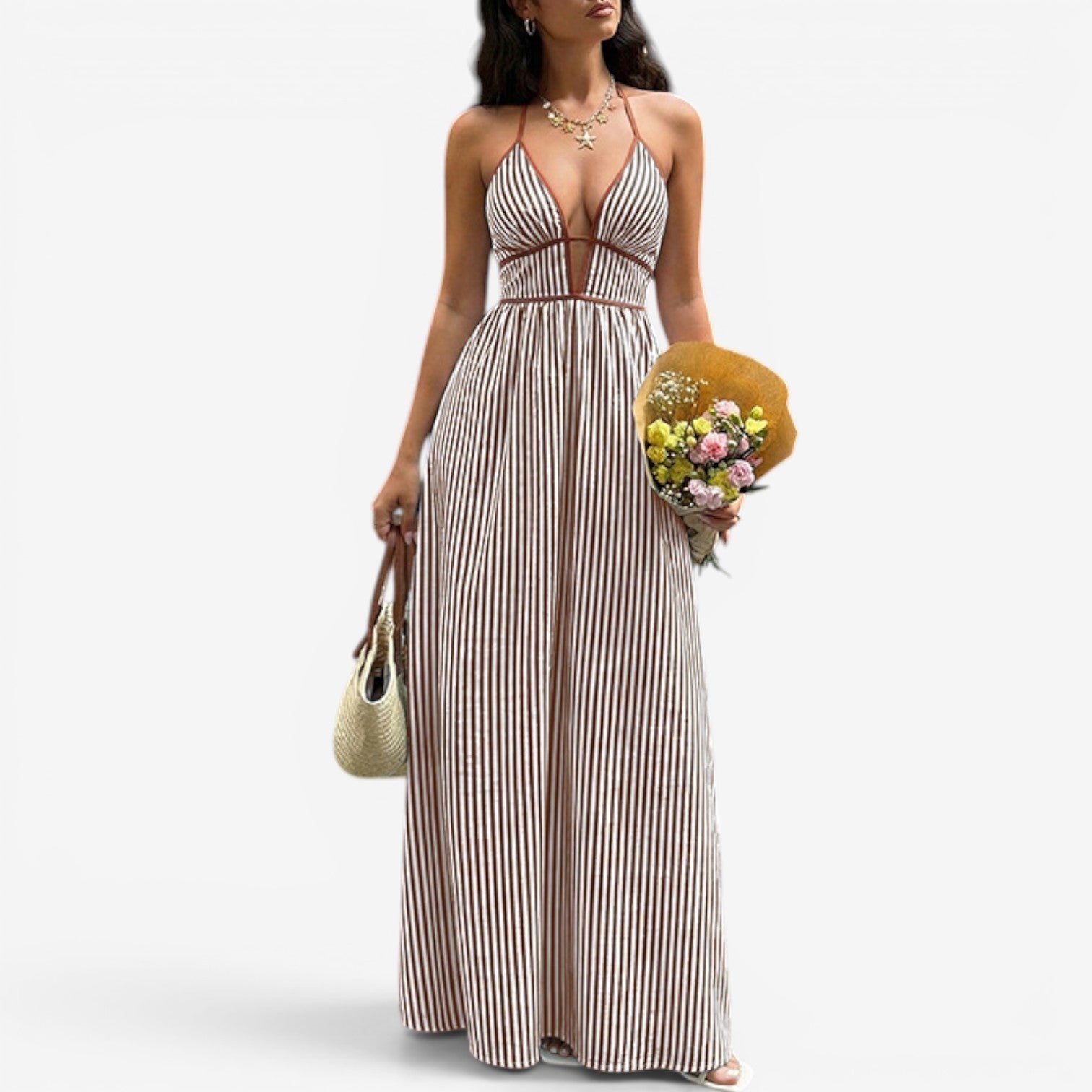 Claudia – Deep V-neck Striped Dress - Image 2