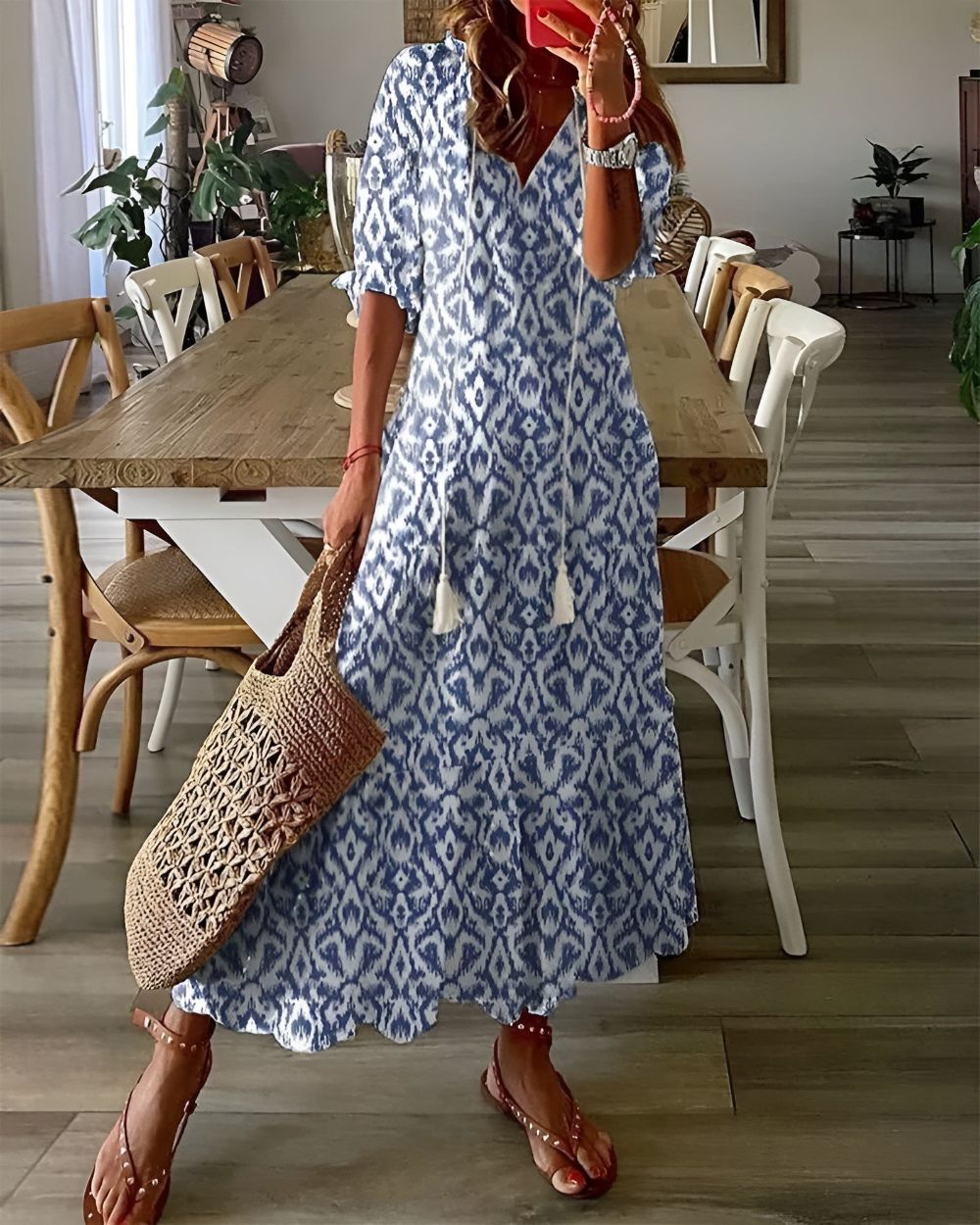 Frieda– Ikat Print V-Neck Dress - Image 1