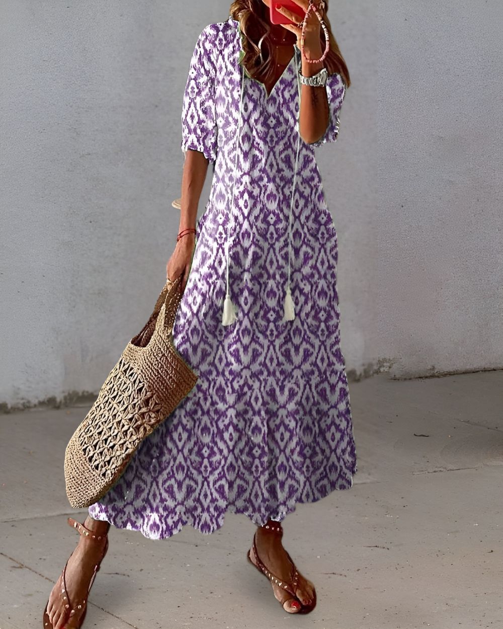 Frieda– Ikat Print V-Neck Dress - Image 3