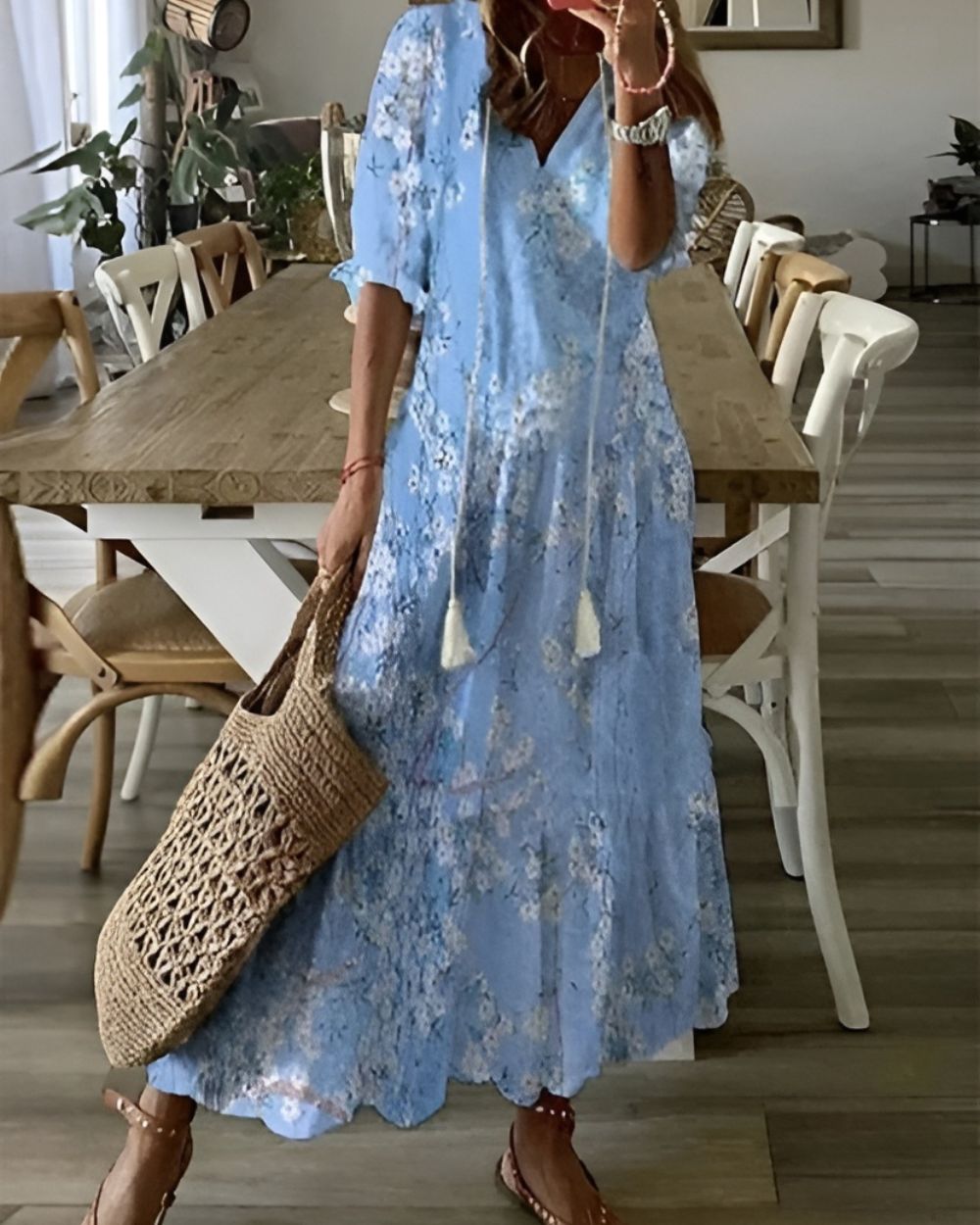 Frieda– Ikat Print V-Neck Dress - Image 4