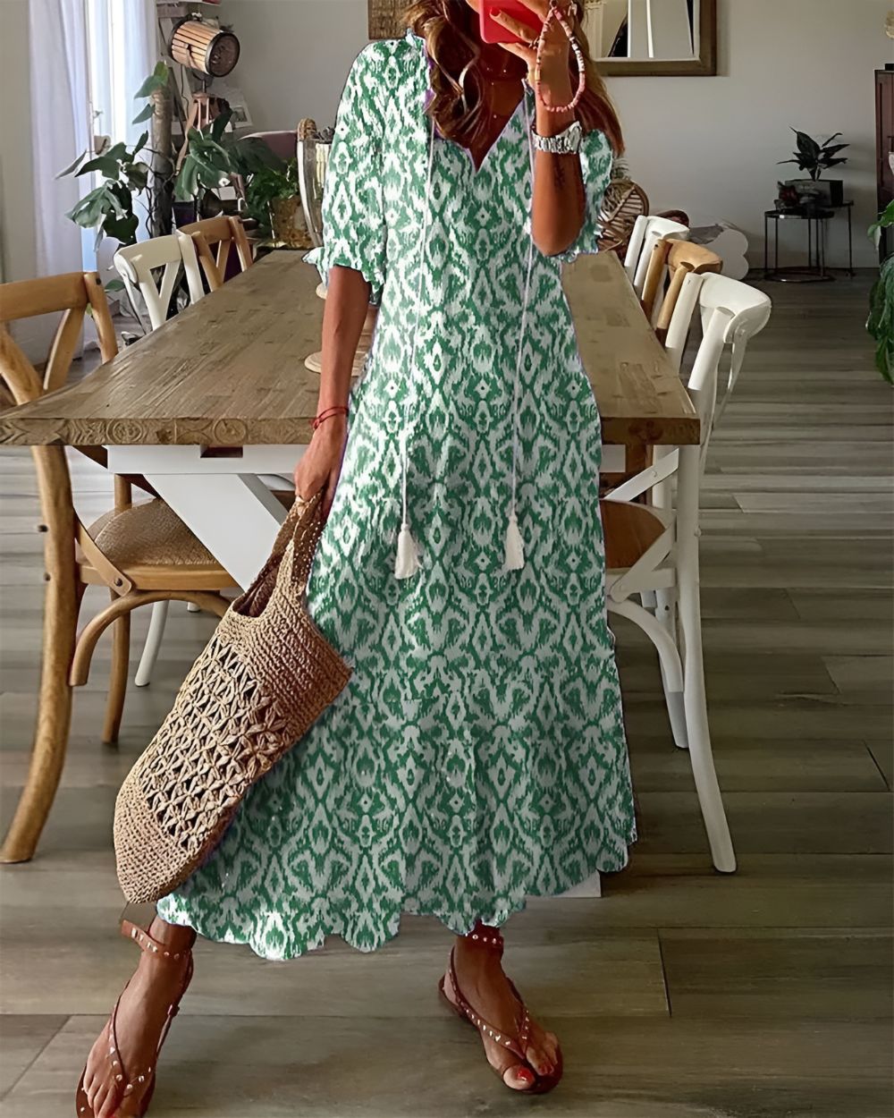 Frieda– Ikat Print V-Neck Dress - Image 2